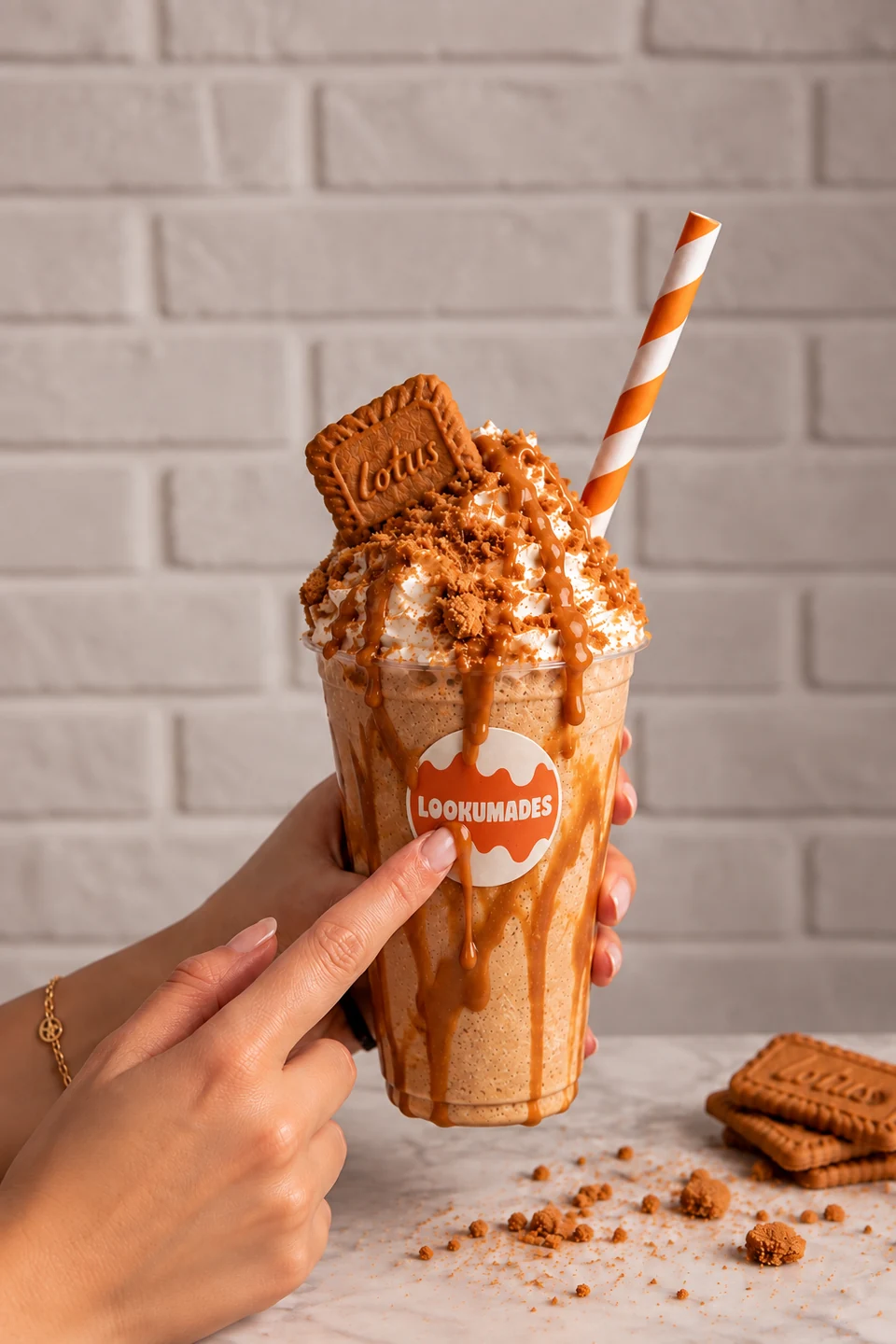 Biscoff shake with whipped cream, biscuit crumbs and Lookumades branding