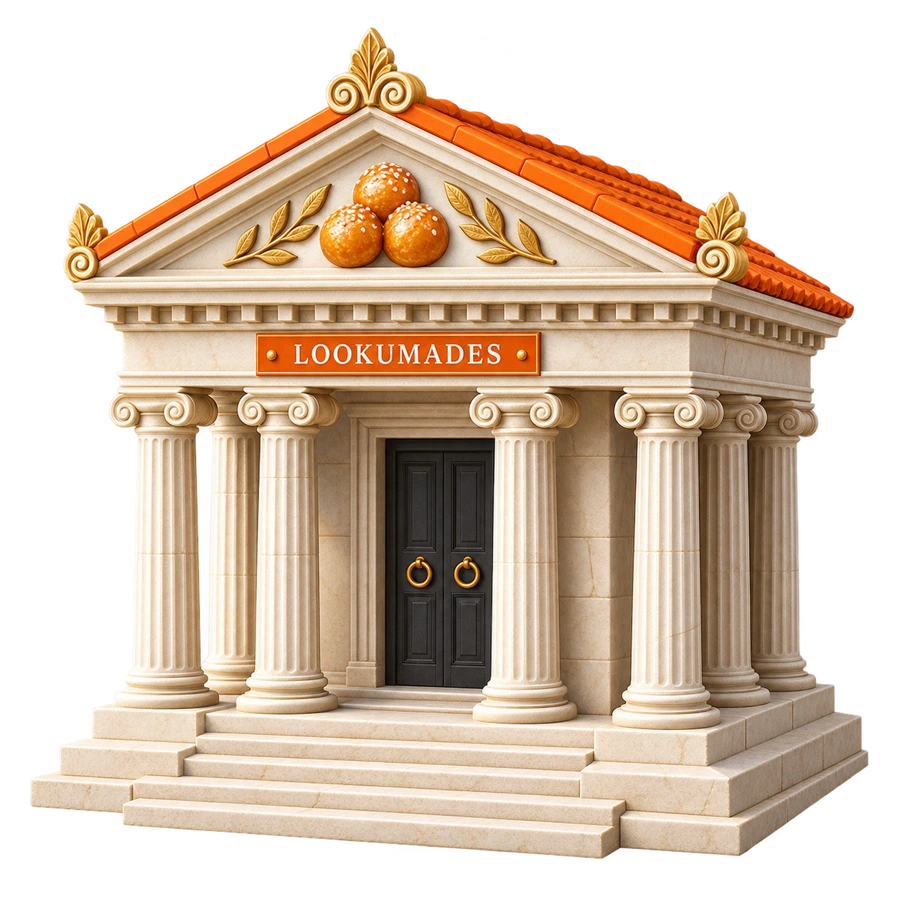 Illustrated Lookumades temple with classical columns and orange accents
