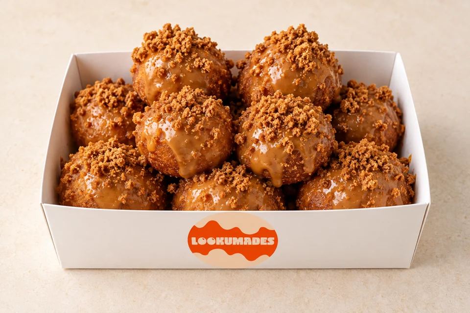 Biscoff Loukoumades in Lookumades white branded packaging